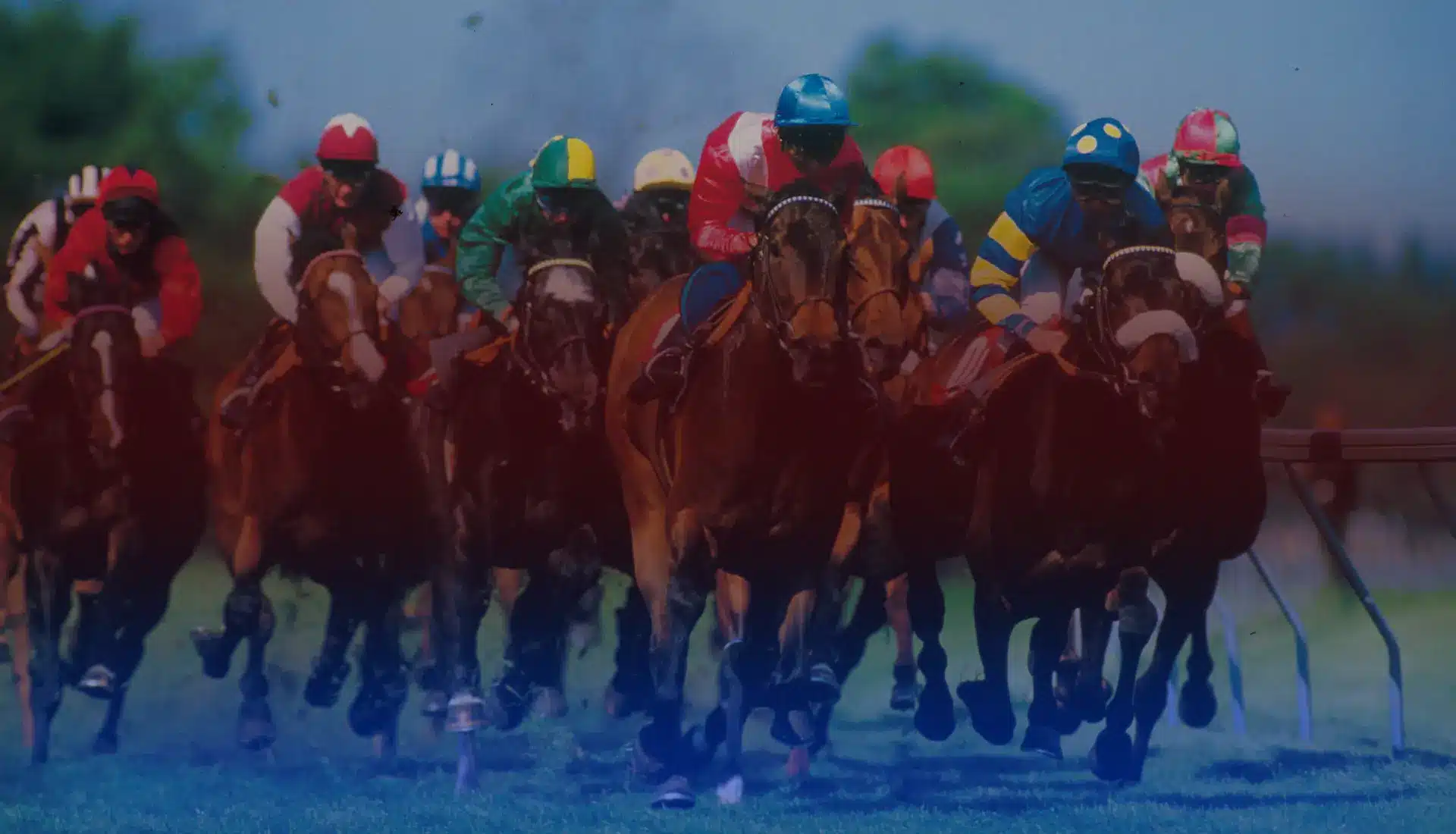 apturing the intense competition as jockeys guide their horses with determination. The vibrant colors of the jockeys’ uniforms contrast against the backdrop, emphasizing the energy and power of this thrilling sport.